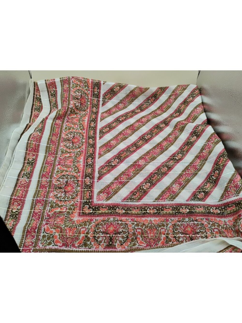 Vtg St Michaels Italian Floral Tablecloth Pink White Brown Stripes 53.5" X 54.5"